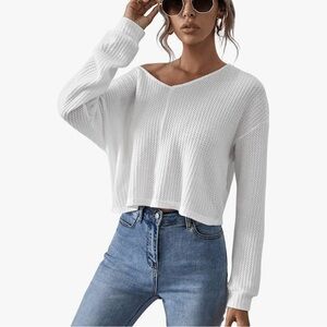Floerns Women's Solid Long Sleeve V Neck Waffle Knit Crop Top Tee Shirt White S